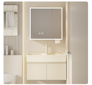 Cream wind multi-layer thick solid wood rock board integrated basin intelligent lighting <b>mirror</b> <b>small</b>-sized bathroom cabinet - Product Image 1
