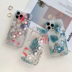 For iPhone 13 12 11 Ins Style Floral Vintage Green Leaf Flower Transparent IMD Electroplated Phone Case With Flower Wrist Strap