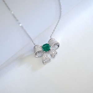 925 Silver Cultivated Emerald Necklace Shining Fashionable <b>Bow</b> Shape Party Holiday Daily <b>Gift</b> for Girls Surprise L - Product Image 4