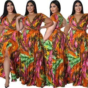 여성 여름 의류 2022 레이디 섹시한 v 넥 하와이 스타일 인쇄 플러스 사이즈 여성 드레스