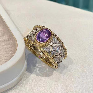 Anello da Cocktail da Donna T0230 con Ametista Naturale Ovale, Montatura a Pavé e Design Floreale, Anelli di Moda per Matrimonio - Product Image 1