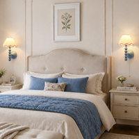 Applique murale vintage style campagne française, abat-jour en tissu perlé bleu, lampe murale moderne minimaliste LED pour chambre à coucher et salon