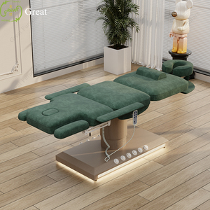 Cama de masaje de mesa facial de pestañas de tela verde esmeralda moderna cama de tratamiento médico eléctrica con 3 motores y Control de pie - Product Image 5