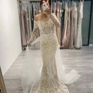 Best Selling Embroidered Mermaid Beaded Women Formal Wedding Gowns Off The Shoulder Long Sleeves Party Bridal Evening Dresses