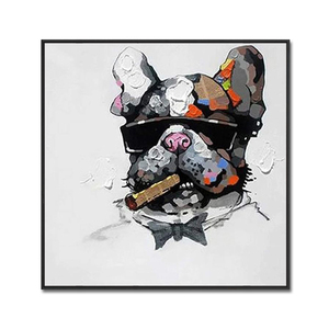 Peint à la main acrylique 100% moderne <span class=keywords><strong>toile</strong></span> Pop Art Animal Graffiti bouledogue <span class=keywords><strong>patron</strong></span> portant des lunettes de soleil encadré prêt accrocher décoration murale - Product Image 1