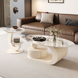 Tavolino da Caffè <span class=keywords><strong>Moderno</strong></span> Ovale in Legno Massello e Pietra con Design Durevole, Garanzia <span class=keywords><strong>di</strong></span> 2 Anni per Soggiorno - Product Image 3
