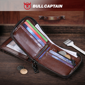 BULLCAPTAIN Genuine Leather Men's <b>Wallet</b> with Zipper Vintage <b>RFID</b> <b>Blocking</b> Large Capacity Credit Card Slots Zipper Coin Pocket - Product Image 2