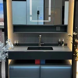 Lavabo Empotrado en Losa de Piedra, Mueble de Baño Plegable Inteligente Minimalista, Encimera de Madera Maciza Multicapa Gris - Product Image 4