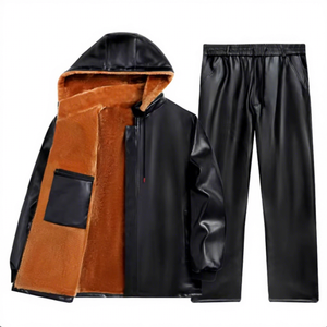 Men's Hooded Leather Tracksuit Set Windproof Warm Winter Casual Full Length Zipper Closure Solid Color Polyester Cotton Material - Product Image 6