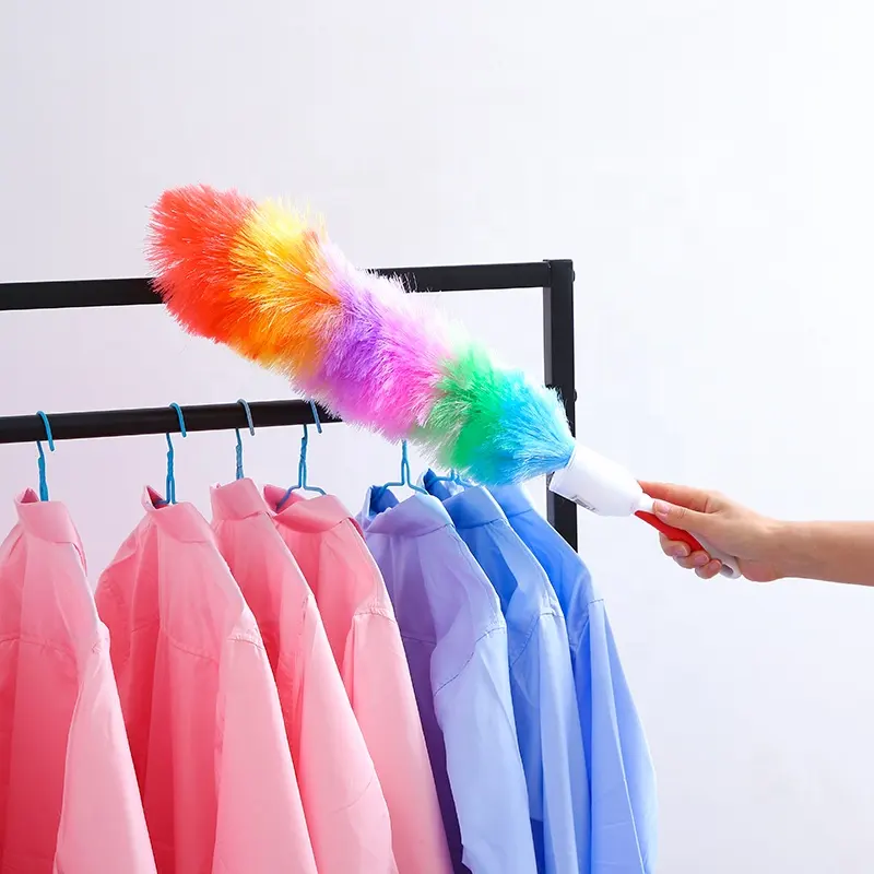 Rainbow-Colored Microfiber Feather Duster Flexible with Plastic Rubber Handle for Household Cleaning