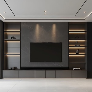 <span class=keywords><strong>Meuble</strong></span> <span class=keywords><strong>TV</strong></span> intégré <span class=keywords><strong>gris</strong></span> moderne avec éclairage LED, unité de rangement murale pour la décoration contemporaine du salon - Product Image 3