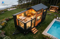 Mini-maison mobile sur remorque, revêtement en métal noir imitation bois, maison préfabriquée, caravane de voyage, bureau portable, villa à toit incliné