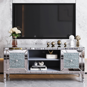 <b>Mirrored</b> TV Stand 60 Inch Crushed Diamond Glass <b>Doors</b> Modern Media Console Living Room Adjustable Storage - Product Image 6