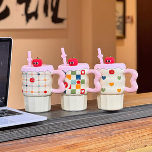 แก้วเซรามิก Zuo Mu พร้อมฝาและหูจับ ลายแอปเปิ้ลน่ารัก แก้วน้ำแบบใช้ซ้ำได้ สำหรับผู้หญิง ของขวัญสำหรับบ้านและออฟฟิศ ฤดูใบไม้ผลิ 2025 - Product Image 3