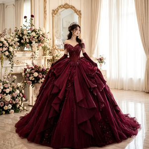 Vestido de Gala Borgoña con Hombros Descubiertos, Escote Corazón, Largo hasta el Suelo, de Tul y Tafetán Radiante, Estilo Vintage con Cola Capilla - Product Image 1