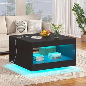 Table basse carrée noire en <span class=keywords><strong>bois</strong></span> robuste avec éclairage LED et station de charge, faible MOQ, rangement ouvert - Product Image 1