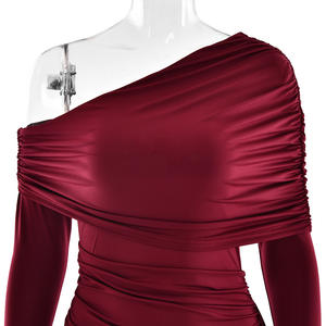 定制时尚性感斜领连衣裙纯色漂亮夏秋长裙 - Product Image 5