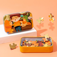 Permainan Puzzle Kayu 60 Potong dalam Kotak Besi untuk Anak Laki-laki Perempuan Balita, Mainan Edukasi Dini Jigsaw Puzzle