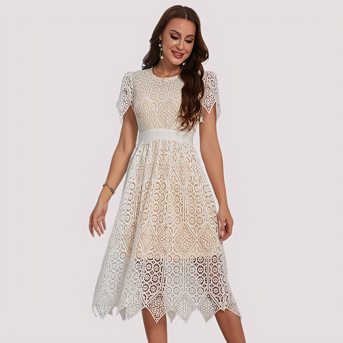 chinese dress ladies Elegant Classy Wedding Dress with Long-Sleeve Heavy Lace Bodice and A-Line Silhouette| Marelli exclusive 10 / Solid Ivory