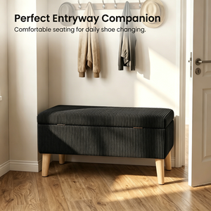 Olive Black Corduroy Storage Ottoman Bench 32 Inch Wide Wooden <b>Legs</b> Flip Top Soft Upholstered End Of Bed - Product Image 5