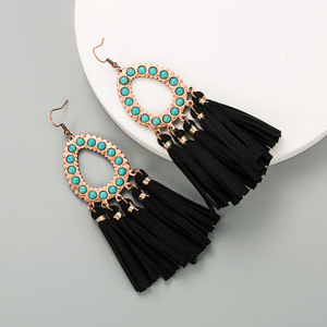 Faux cuir boucles d'oreilles Vintage exagération alliage pendentif boucles d'oreilles Turquoise cuir frange pour femmes Uionen 909 - Product Image 4