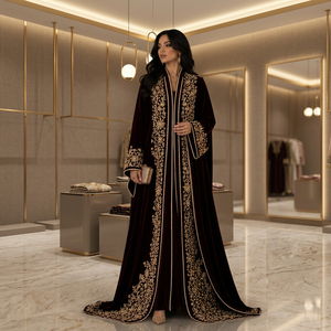 Elegant Velvet Breathable <b>Abaya</b> <b>Dress</b> Women Floor Length Floral Embroidery Middle East Wedding Long Sleeve High Neck Loose Fit - Product Image 2