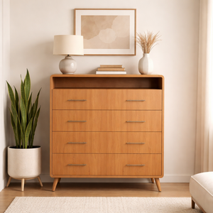 Commode haute contemporaine en bois avec 6 tiroirs, commode de rangement pour chambre à coucher de style mid-century, organisateur de meubles verticaux pour la maison - Product Image 6