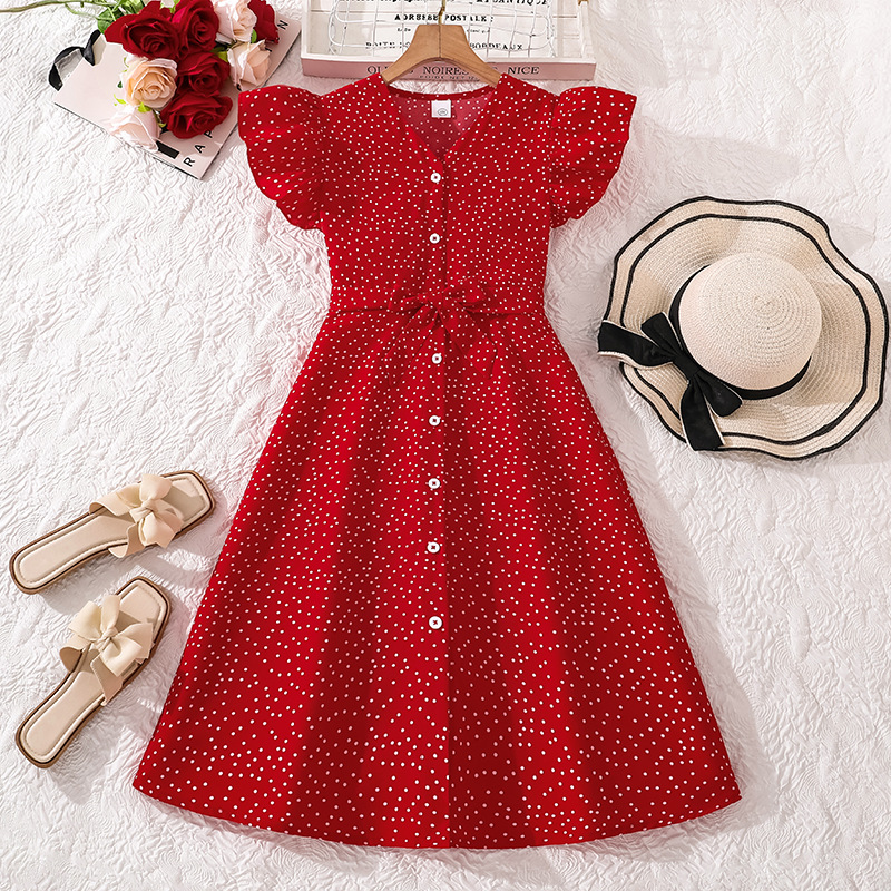 Tailored Waist Slim Silhouette Red Polka Dot Flutter Sleeveless Dress for  Big Girls Casual Daily Party Summer Wear| Alibaba.com
