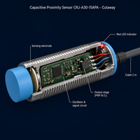 Capteur de Proximité Capacitif CRJ-A30-15APA M30 DC 3 Fils 15mm PNP NO Non Encastré CR30-15DP pour Eau, Plastique, Bois, Poudre, Pierre, Métal