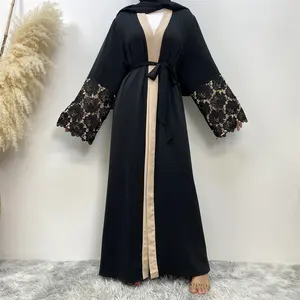 1502 # Desain Baru Terbaru Kardigan Bordir Busana Islami Depan Terbuka Kimono Gaya Arab Dubai Muslim Abaya