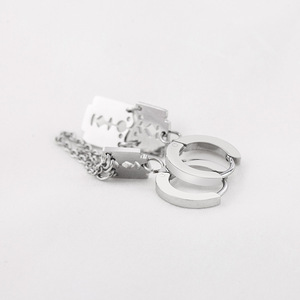 yunnique <b>Titanium</b> Steel Hoop Earrings With Blade And <b>Chain</b> Pendant Geometric Design For Men And Women - Product Image 5