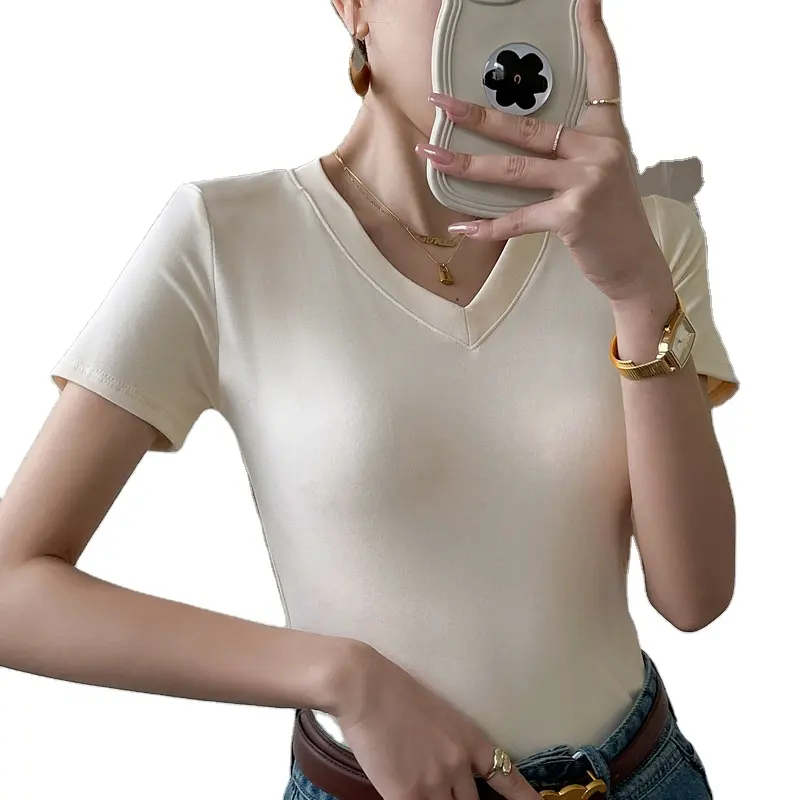 मॉडल वी-गर्दन वर्ग कंधे की छोटी-आस्तीन वाली टी-शर्ट महिला ग्रीष्मकालीन कैजुअल हवा स्ली महिलाओं की सबसे छोटी आस्तीन बाहरी झुर्रियों