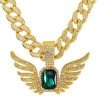 Collier unisexe de luxe léger, style niche, avec pendentif Ailes d'Ange, serti de diamants taille Asscher émeraude et pavé, sur chaîne à maillons Rock Candy, style Hip