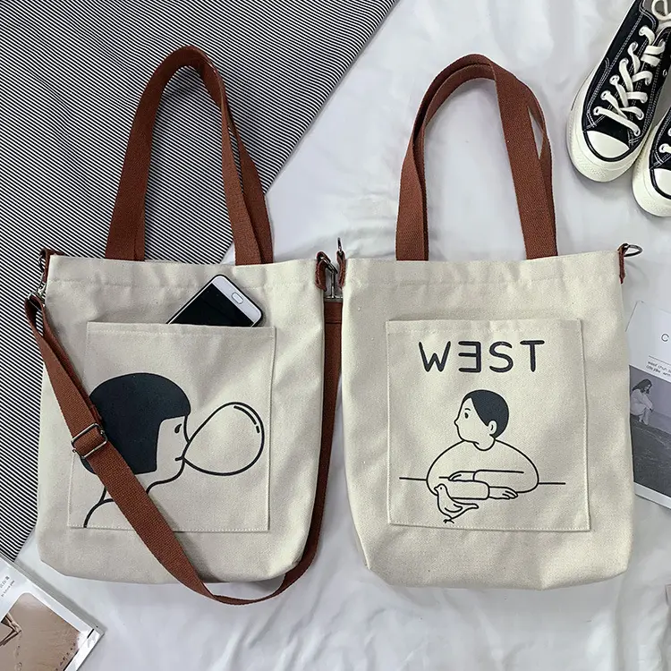 Hot Sale Cute Cotton Canvas Tote Bag with Pocket Customized Logo Large Crossbody Messenger Custom Tote Bags for Shopping