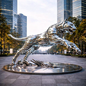 Statua di Tigre Seduta in Acciaio Inossidabile Lucidato Argento, Design Geometrico Moderno a Grandezza Naturale per Giardino, Parco, Prato - Product Image 4