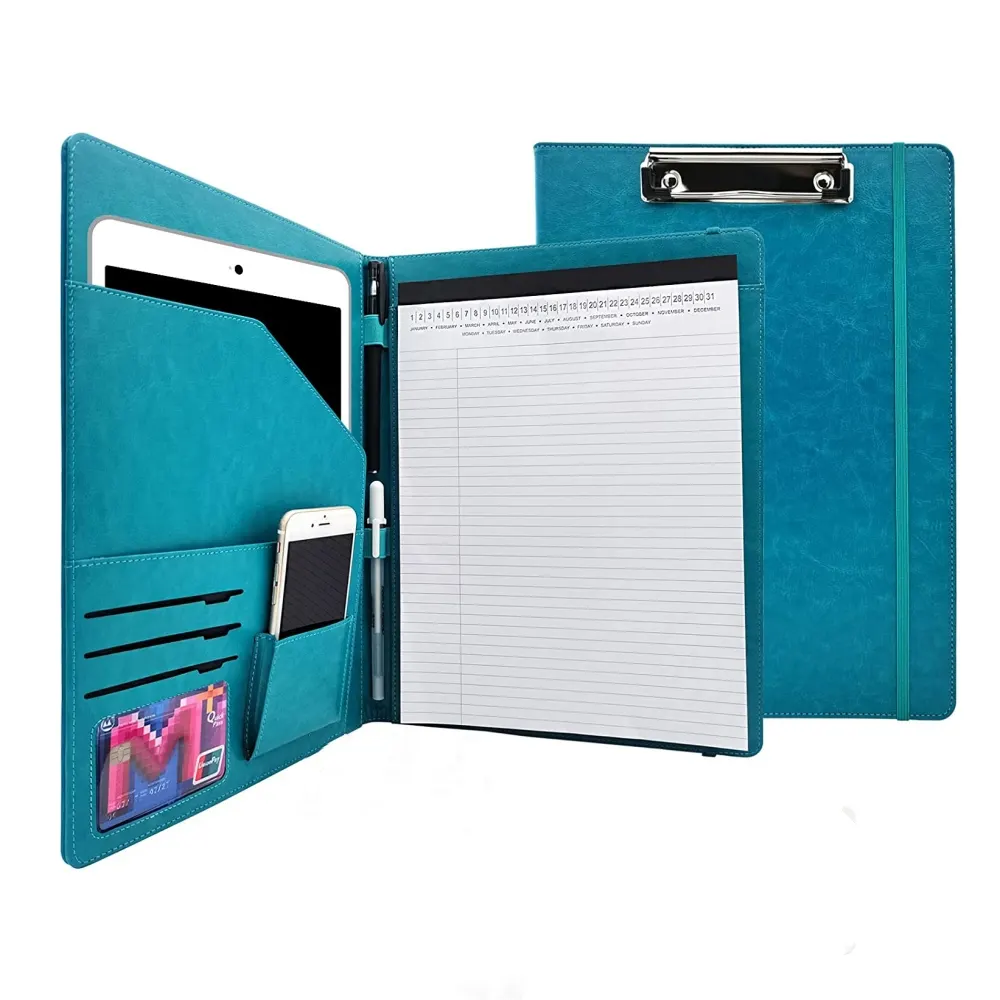 Business Document Holder PU File Folder Faux Leather Portfolio With Metal Clip