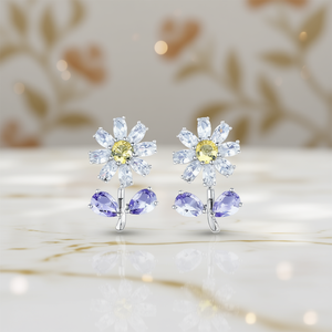 Boucles d'oreilles clous fleur en or blanc E1770 avec cristal citrine serti griffe, pour femme, romantiques, à porter au quotidien - Product Image 2