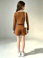 Vintage-Stil Herbst Mädchen Kinder Zweiteiler Tweed Strickjacke Shorts Set Schule Tägliches Outfit
