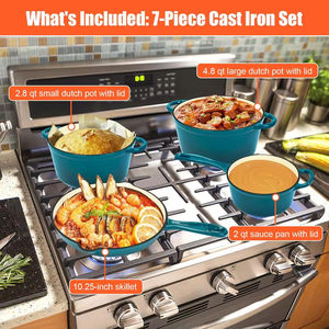 Ensemble de 7 casseroles et poêles en fonte émaillée antiadhésive avec couvercles, poêle à frire, casserole, compatible four jusqu'à 500°F °   Pour toutes les plaques de cuisson - Product Image 2