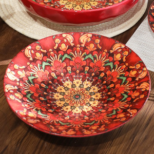 Bohemian Plant Pattern Microwave Safe Round Dinnerware Plates Bowls Set for Wedding Birthday Celebrations-Bohemian Red Design - Product Image 3
