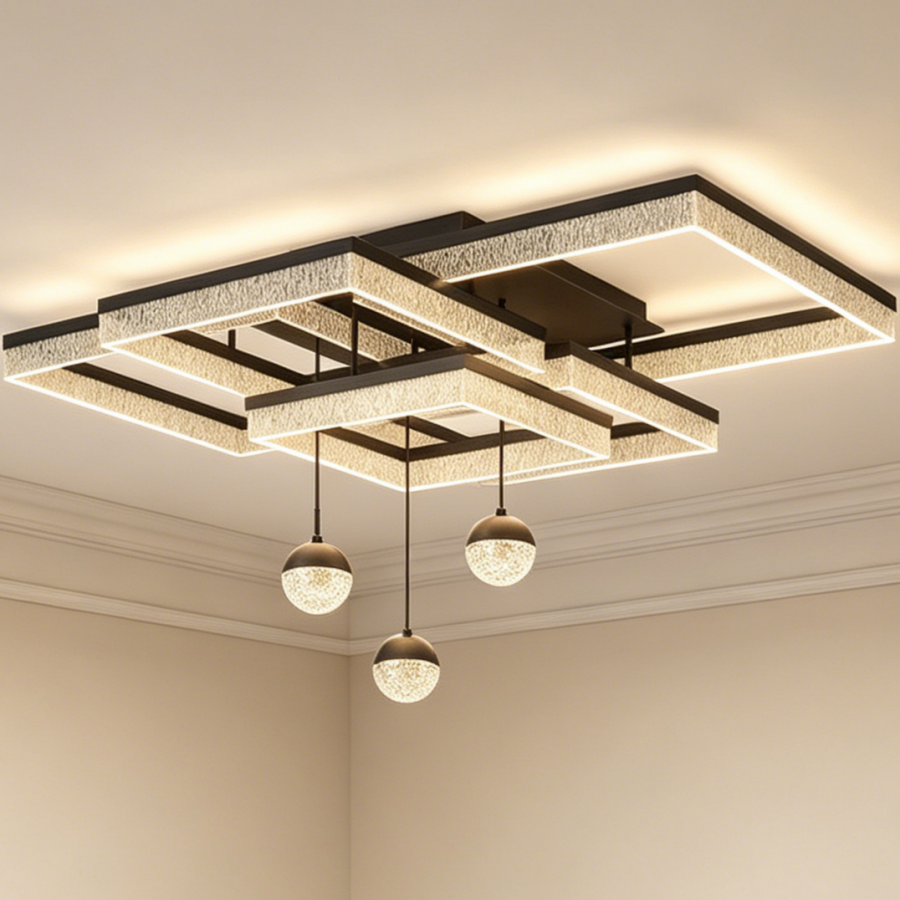 2026 New Luxury LED Ceiling Lamp - Geometric Square Flush Mount Light Modern Chandelier for Living Room & Bedroom