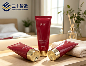 Red Cosmetic Squeeze Tube with Electroplated Gold Cap <b>for</b> Facial Cleanser - Product Image 1