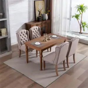 中世纪法国复古餐厅簇绒亚麻软垫高背餐椅实木桌