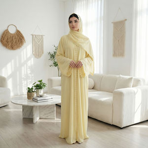 Robe en tissu Nida avec <span class=keywords><strong>dentelle</strong></span> florale 2026 pour femmes musulmanes, cardigan ouvert sur le devant avec foulard intégré – Vente en gros - Product Image 2