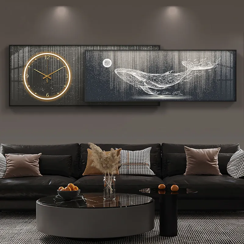 Décoration moderne simple de salon peinture de baleine arrière-plan de canapé horloge murale peinture à double superposition