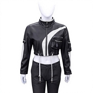 Veste en cuir véritable noire et blanche pour femme, style motard, avec cordon de serrage à l'ourlet et poches cargo |   Vêtements techniques légers et respirants - Product Image 1
