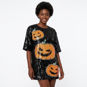 Costume di Halloween con Stampa <span class=keywords><strong>Zucca</strong></span>, Maglietta <span class=keywords><strong>da</strong></span> <span class=keywords><strong>Donna</strong></span> con Paillettes, Collo Tondo, Manica Corta, Abbigliamento Streetwear, T-Shirt <span class=keywords><strong>Vestito</strong></span> Femminile - Product Image 1