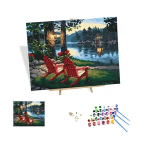 Factory Wholesale Oil Paint By Numbers Kit For Kids Lakeside Scenery Paint By Numbers Kit For Adults With Frame Scenery 24 Color