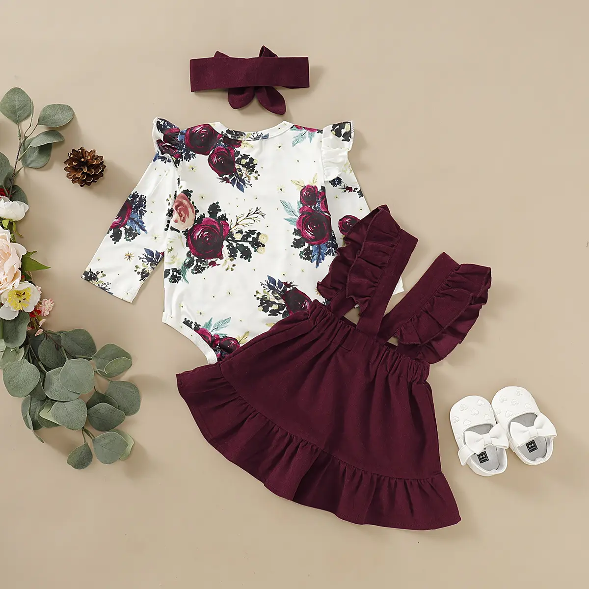 Set Clothes Girl Baby Girls 3 Pcs Set Flowers Rompers + Skirts With Headband Cotton Fashion Baby Clothes Suits