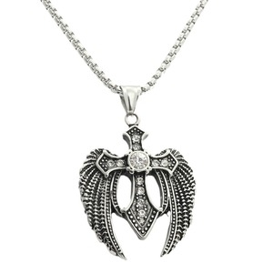 Wings <b>Cross</b> Pendant Necklace With Red Gemstone Pave Setting Stainless Steel Fashion Jewelry Gift For Men Women - Product Image 5